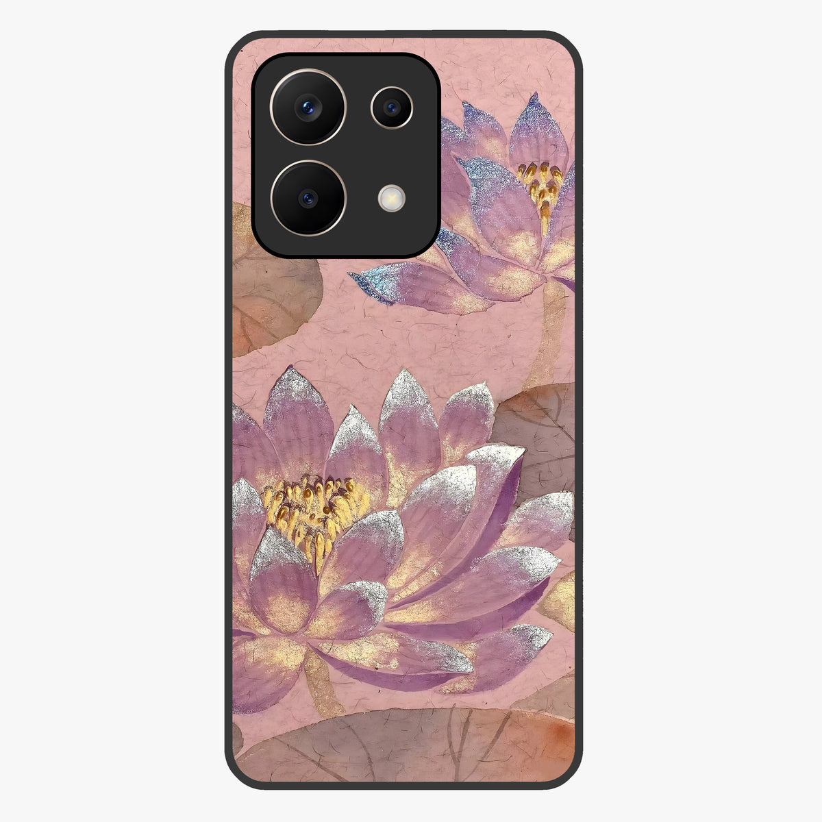 Blossom Mist Lotus Glass Case showing flat back view with serene lotus blossom artwork and glossy glass finish.
