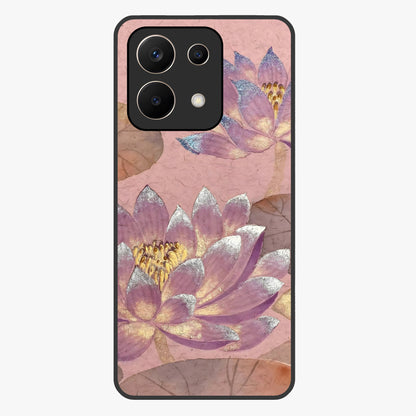 Blossom Mist Lotus Glass Case showing flat back view with serene lotus blossom artwork and glossy glass finish.