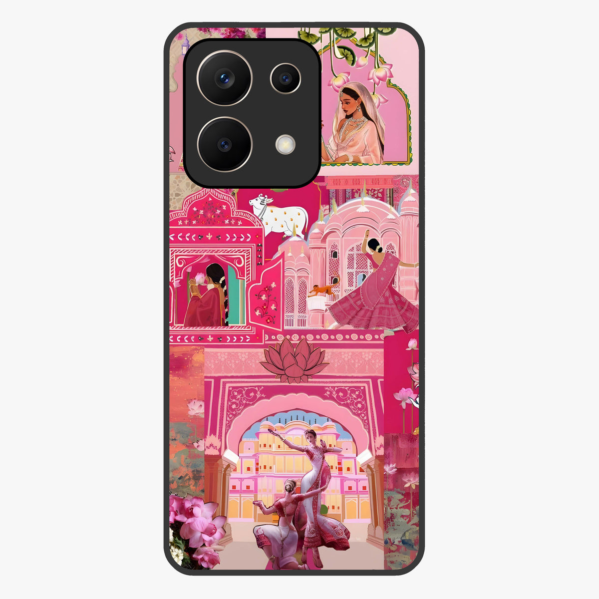 Blossoms of Rajasthan Glass Case showing flat back view with traditional floral artwork inspired by Rajasthan and glossy glass finish.