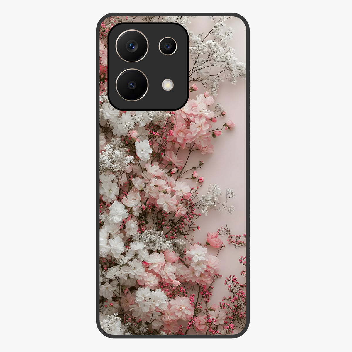 Blush Blossom Cloud Glass Case showing flat back view with dreamy blush cloud blossom artwork and glossy glass finish.