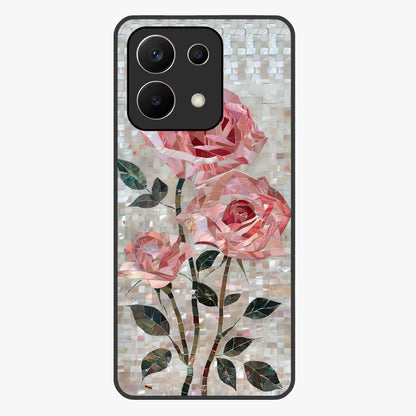 Blush Mosaic Bloom Glass Case showing flat back view with mosaic floral bloom artwork and glossy glass finish.