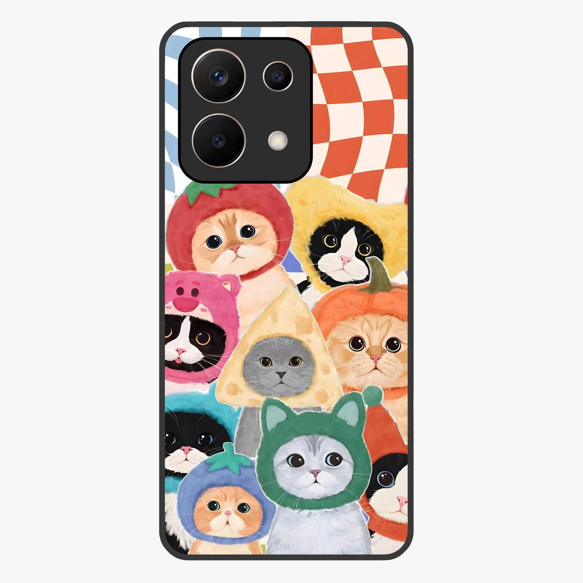 Cats in Fruits Glass Case showing flat back view with playful cat illustrations inside fruit artwork and glossy glass finish.