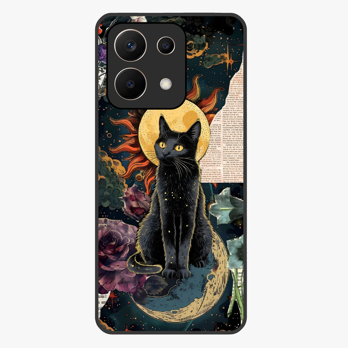 Celestial Black Cat Glass Case showing flat back view with mystical black cat artwork and glossy glass finish.