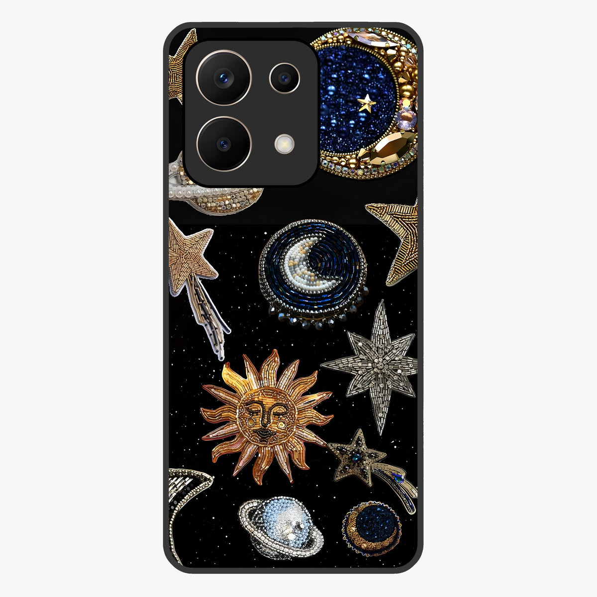 Celestial Gem Constellations Glass Case showing flat back view with sparkling constellation artwork and glossy glass finish.