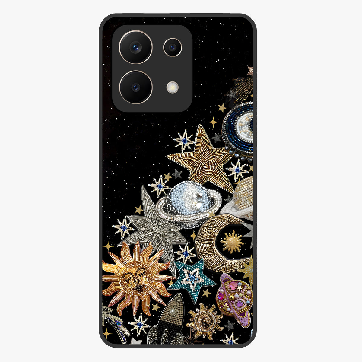 Cosmic Sparkle Dreams Glass Case showing flat back view with sparkling cosmic artwork and glossy glass finish.