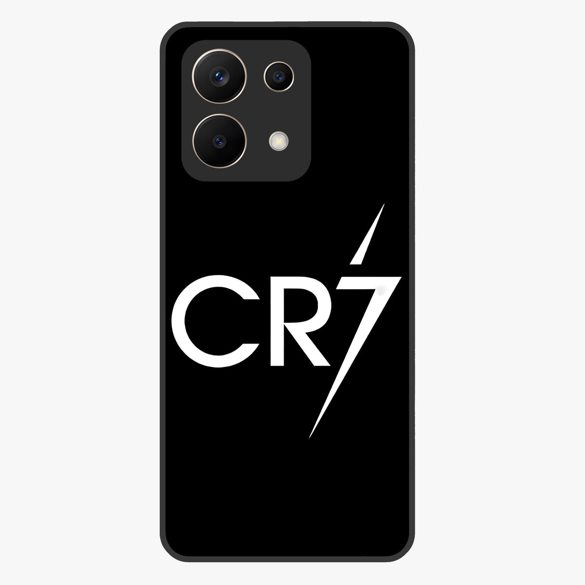 Cr7 Elite Strike Glass Case showing flat back view with dynamic football inspired artwork and glossy glass finish.