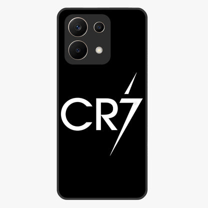 Cr7 Elite Strike Glass Case showing flat back view with dynamic football inspired artwork and glossy glass finish.