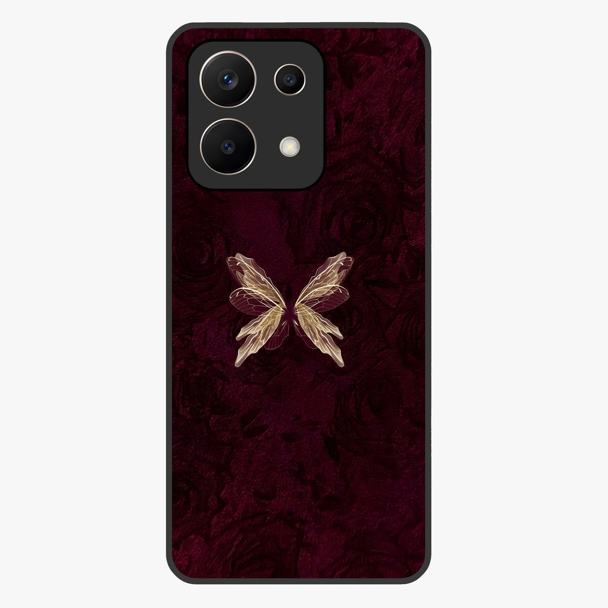 Crimson Fade Butterfly Glass Case showing flat back view with fading butterfly artwork and glossy glass finish.