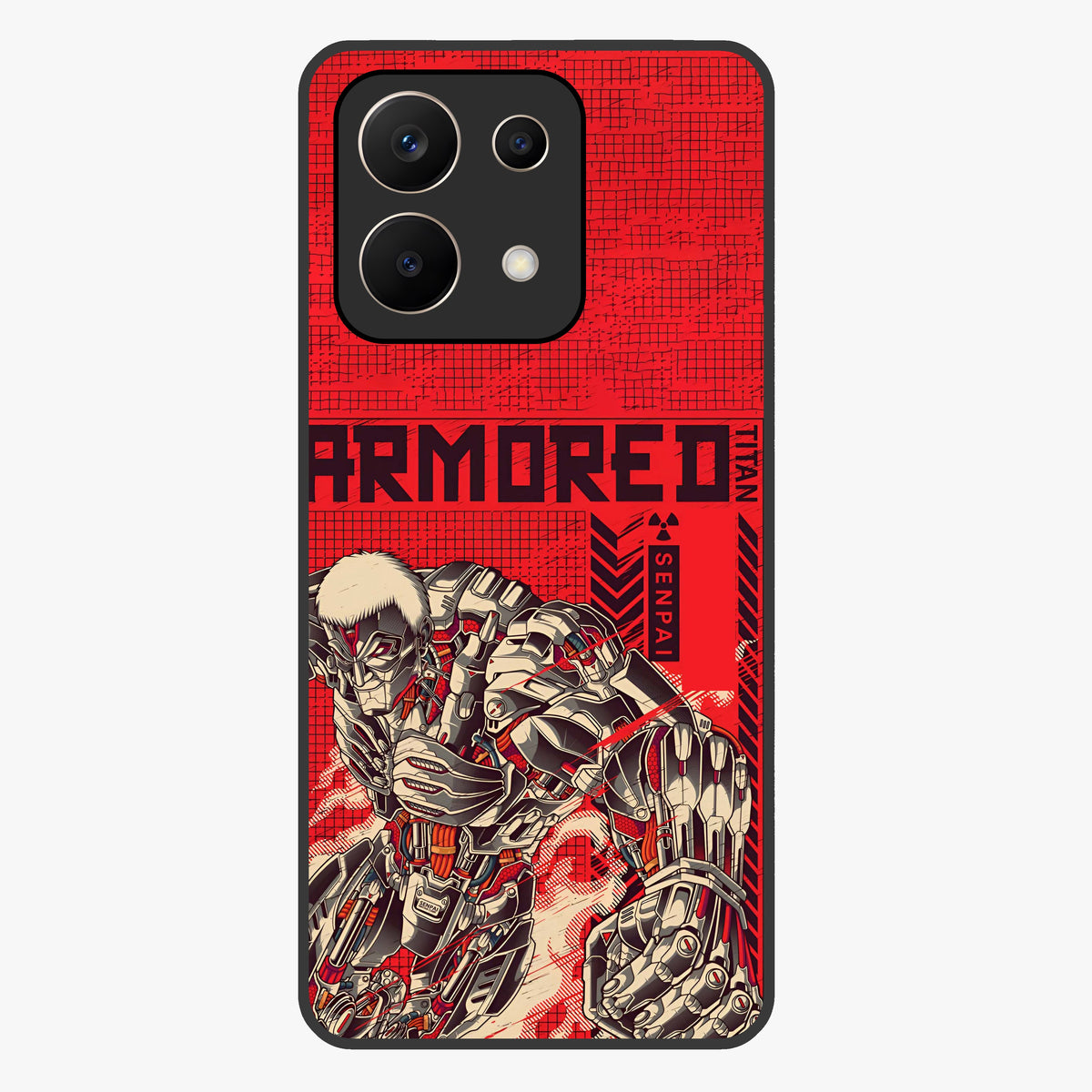 Crimson Mecha Titan Glass Case showing flat back view with powerful mech titan artwork and glossy glass finish.