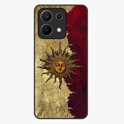 Crimson Sun Majesty Glass Case showing flat back view with radiant sun inspired artwork and glossy glass finish.