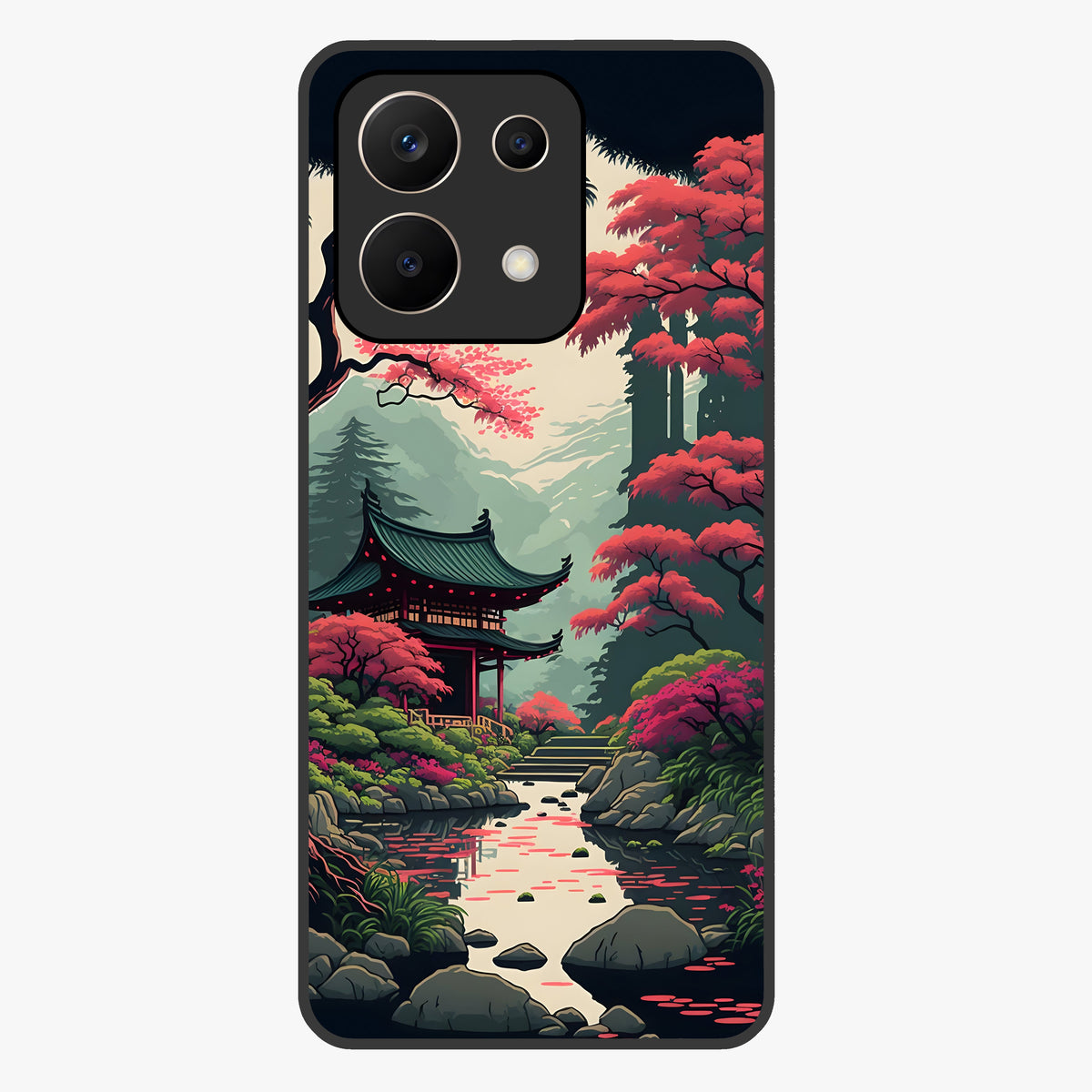 Crimson Temple View Glass Case showing flat back view with temple inspired artwork and glossy glass finish.