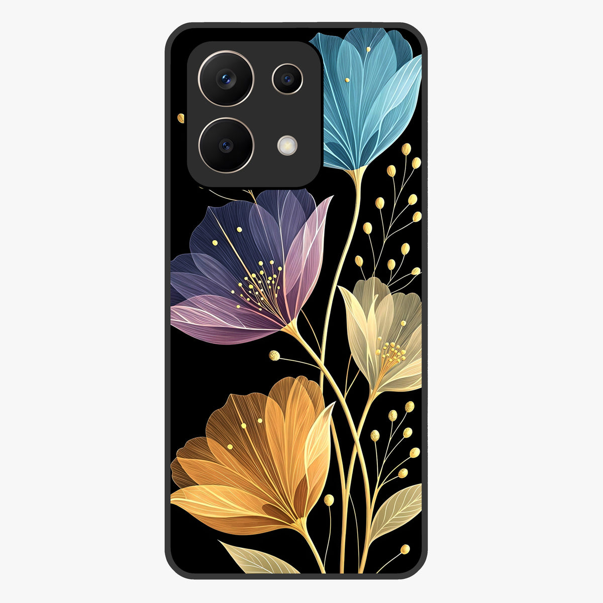 Delicate Multicolor Flowers Glass Case showing flat back view with vibrant floral artwork and glossy glass finish.
