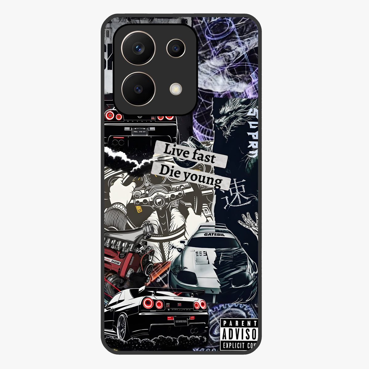 Die Young Glass Case showing flat back view with bold artistic typography design and glossy glass finish.