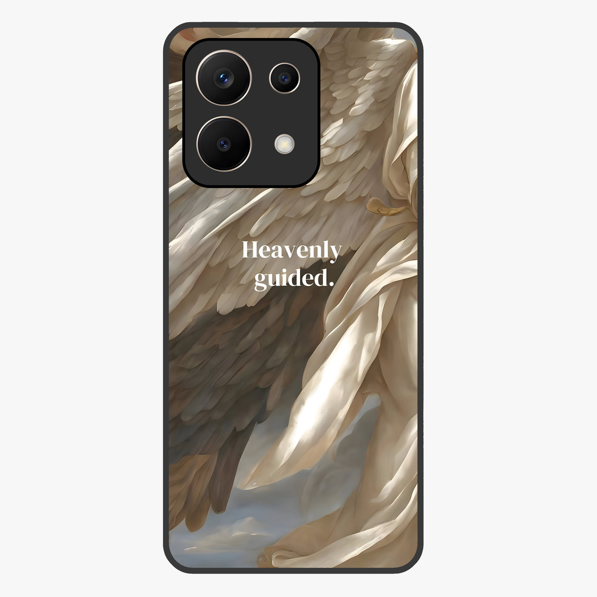 Divine Winged Grace Glass Case showing flat back view with elegant wing inspired artwork and glossy glass finish.