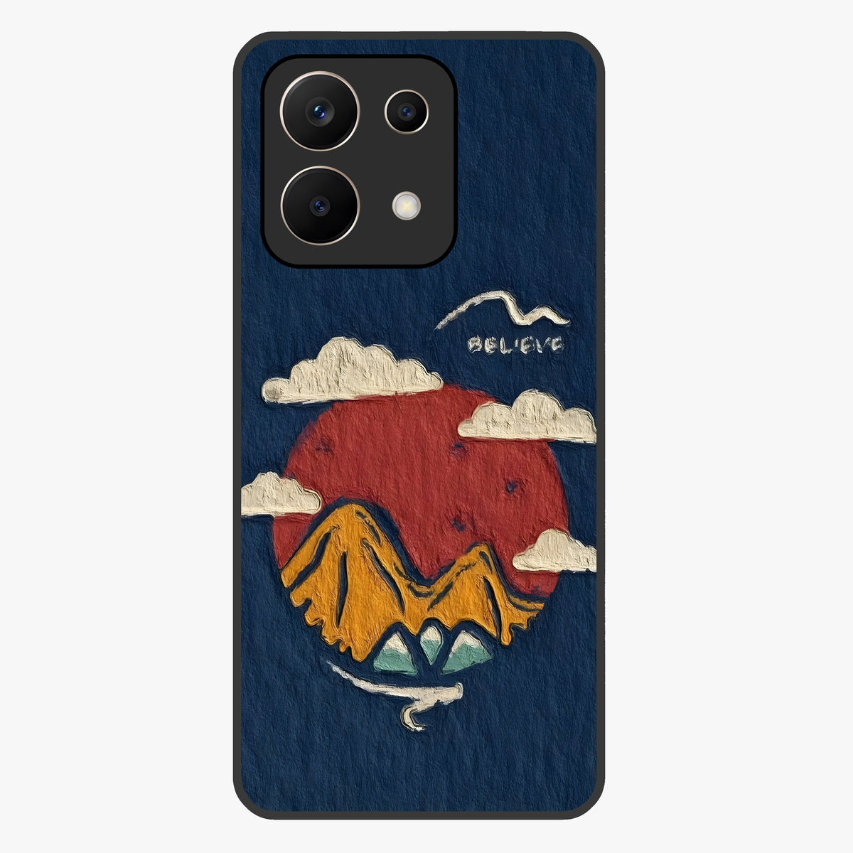 Dream Beyond Mountains Glass Case showing flat back view with scenic mountain landscape artwork and glossy glass finish.