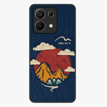 Dream Beyond Mountains Glass Case showing flat back view with scenic mountain landscape artwork and glossy glass finish.