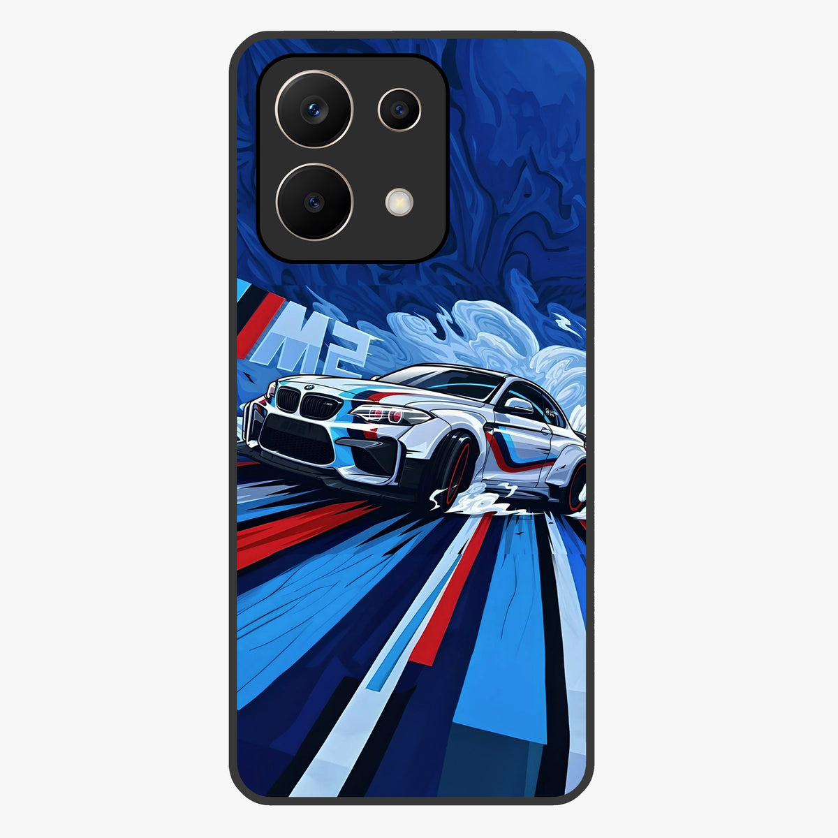 Drift Power Rush Glass Case showing flat back view with dynamic racing inspired artwork and glossy glass finish.