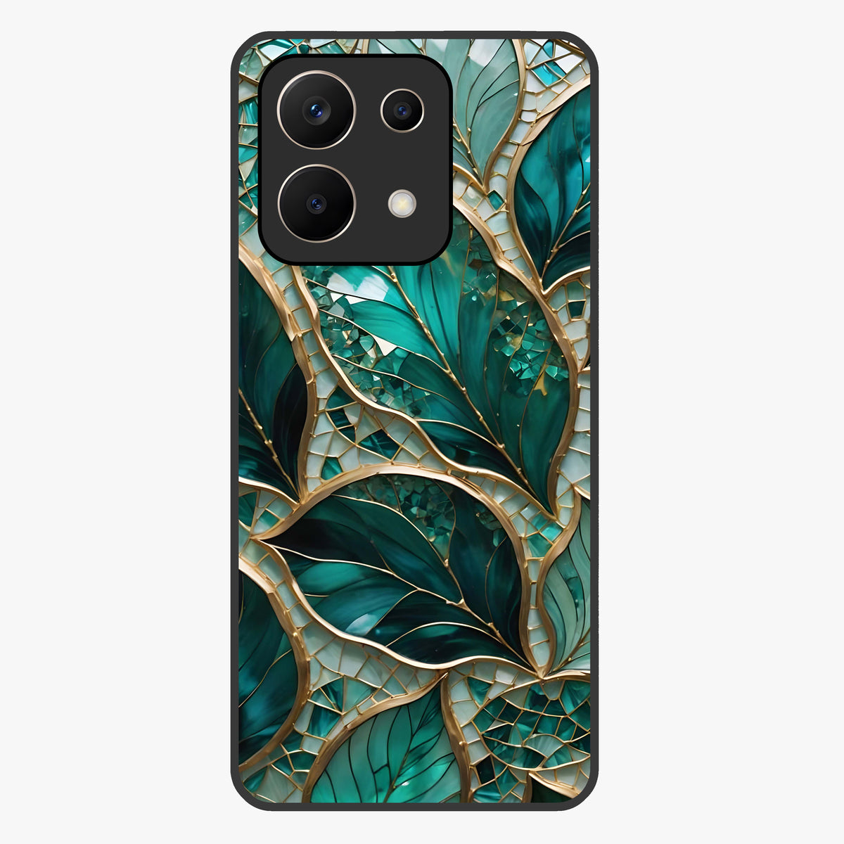 Emerald Leaf Glass Glass Case showing flat back view with emerald green leaf artwork and glossy glass finish.