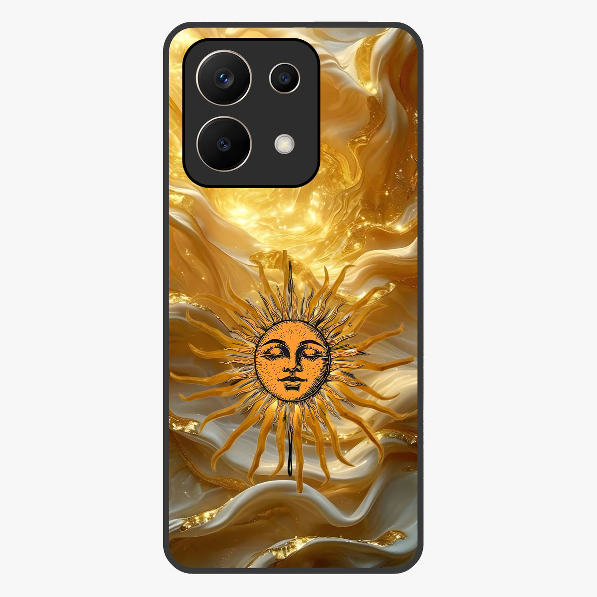 Eternal Golden Glow Glass Case showing flat back view with radiant golden themed artwork and glossy glass finish.