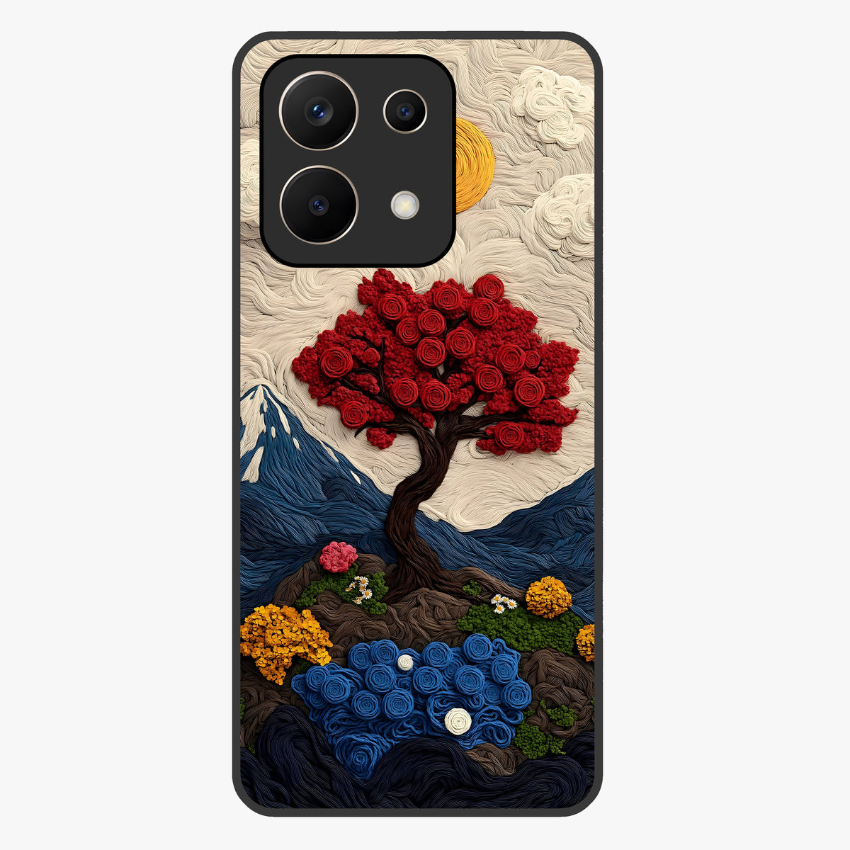 Eternal Nature Tapestry Glass Case showing flat back view with intricate nature tapestry artwork and glossy glass finish.