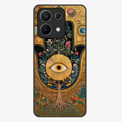 Ethereal Evil Eye Glass Case showing flat back view with mystical evil eye artwork and glossy glass finish.