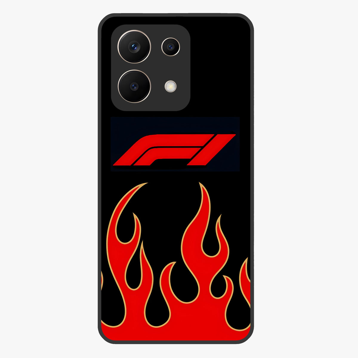 Fire F11 Glass Case showing flat back view with fiery themed artwork and glossy glass finish.