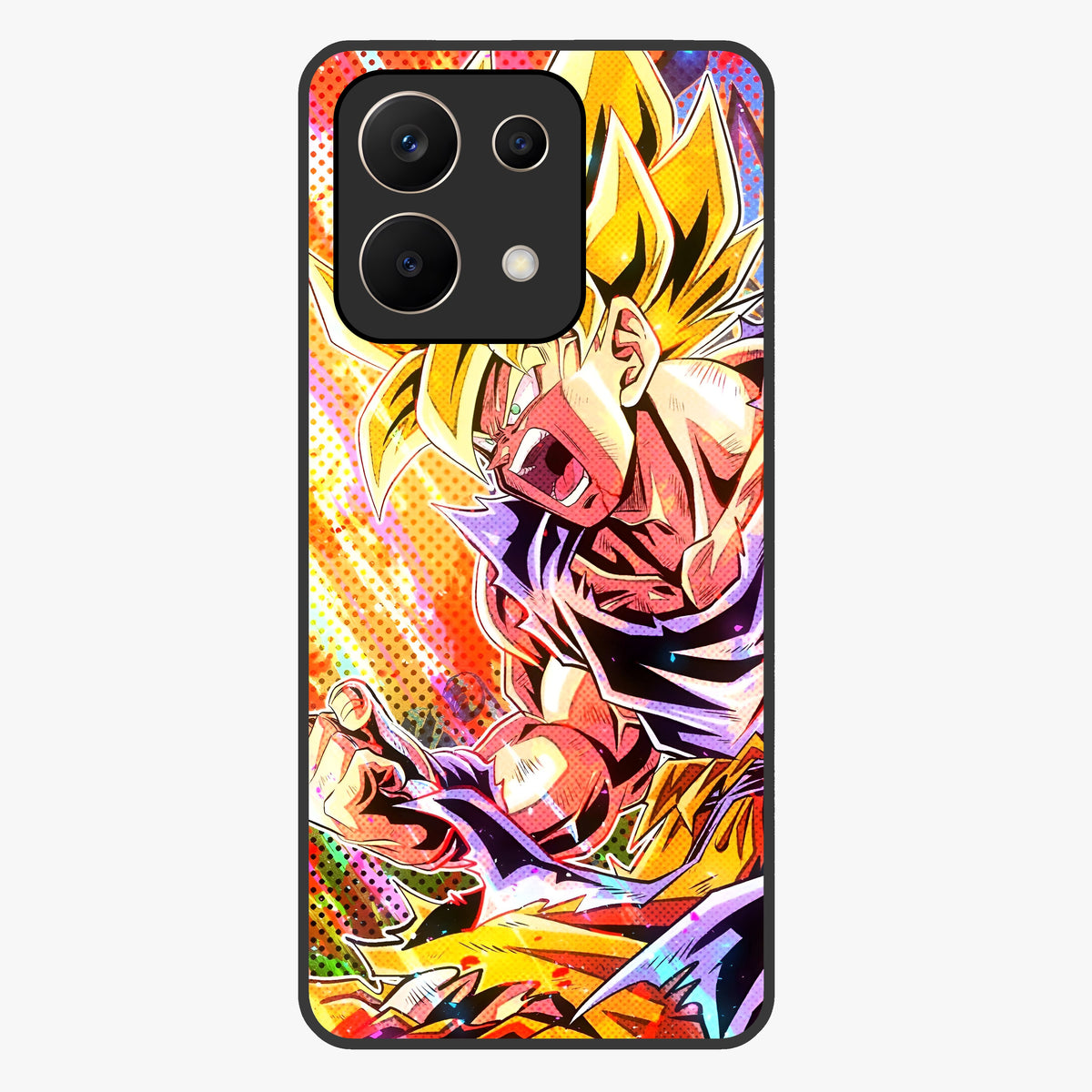 Firing Goku Glass Case showing flat back view with powerful anime inspired artwork and glossy glass finish.
