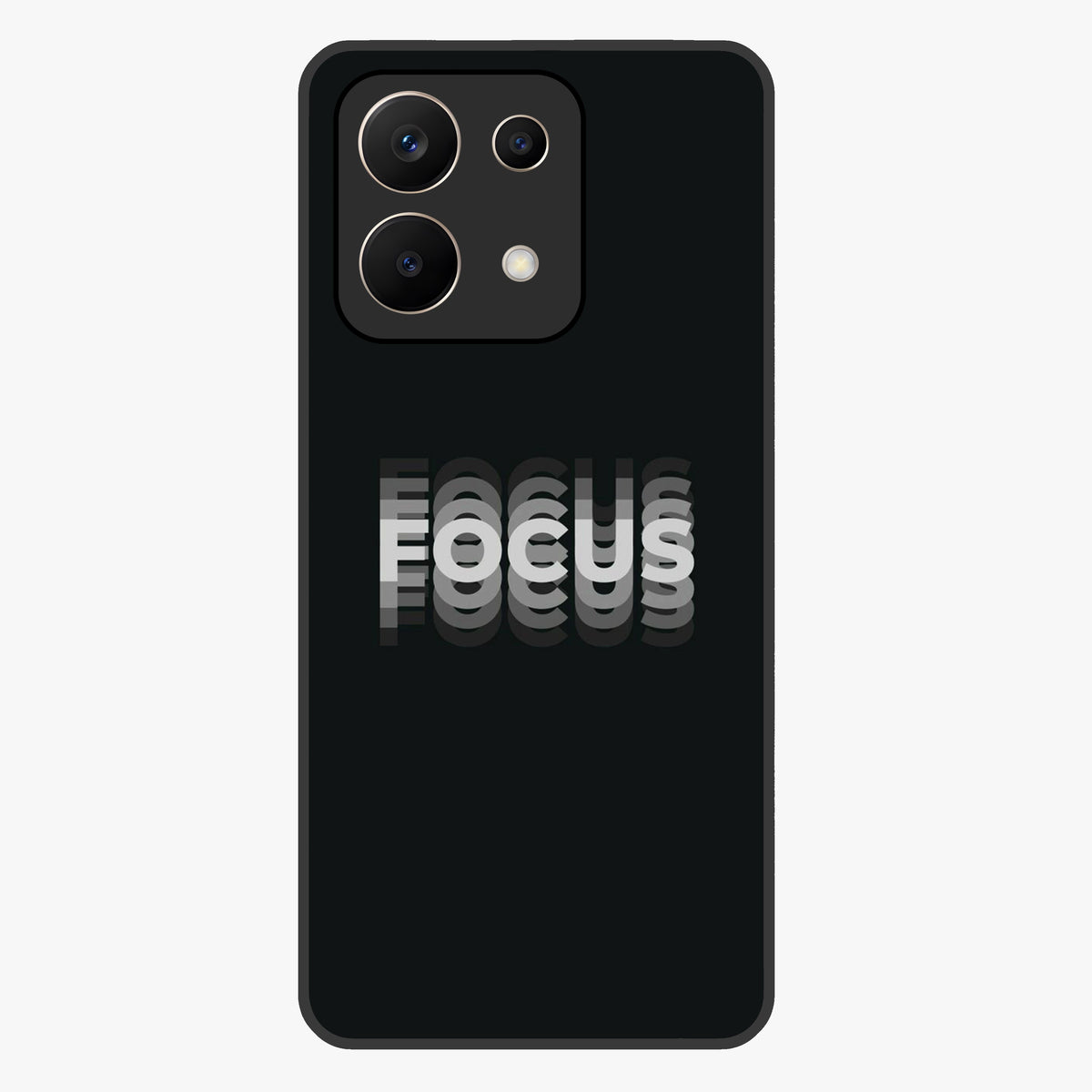 Focus Mode On Glass Case showing flat back view with bold motivational typography design and glossy glass finish.