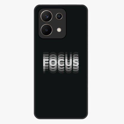 Focus Mode On Glass Case showing flat back view with bold motivational typography design and glossy glass finish.