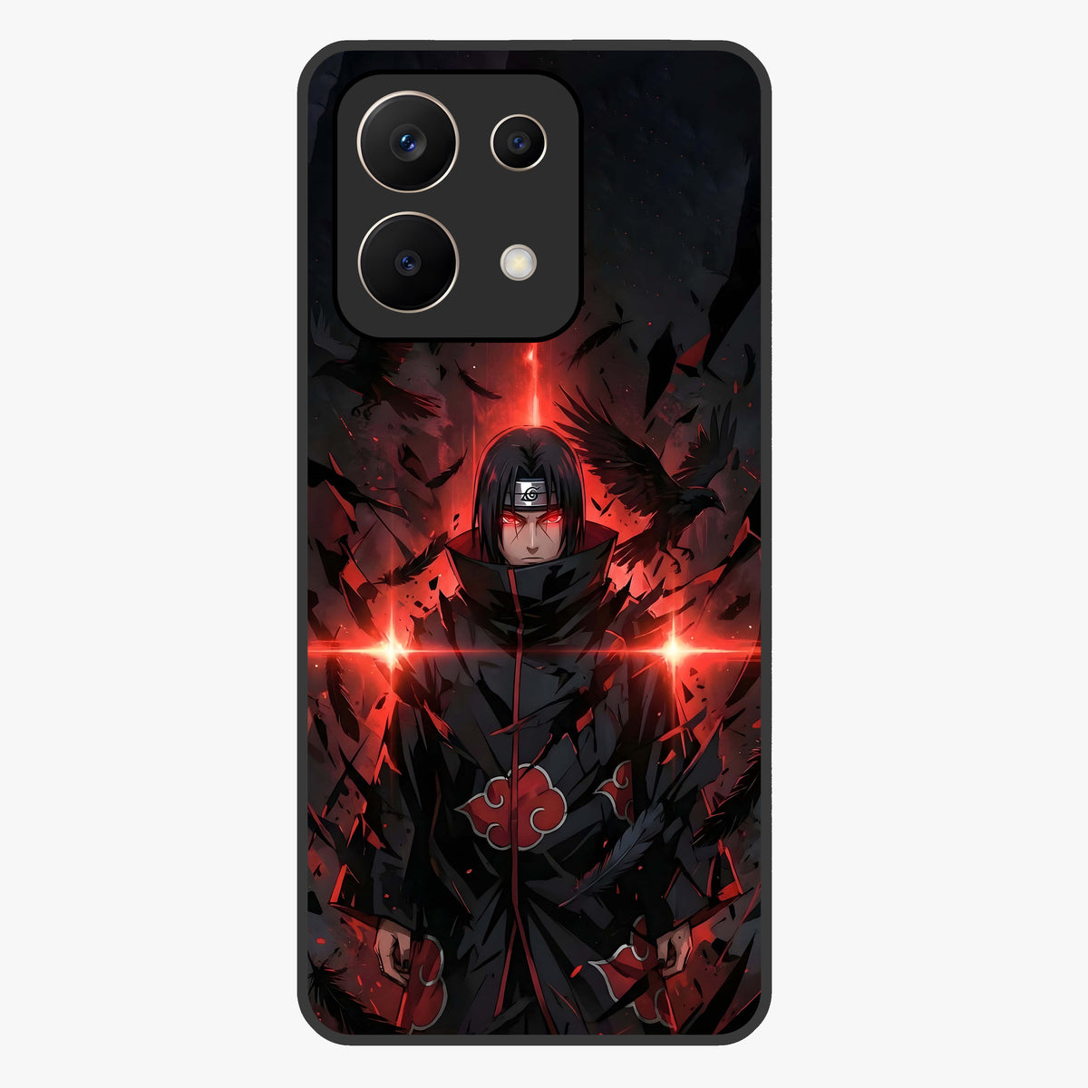 Focused Blade Discipline Glass Case showing flat back view with warrior sword themed artwork and glossy glass finish.
