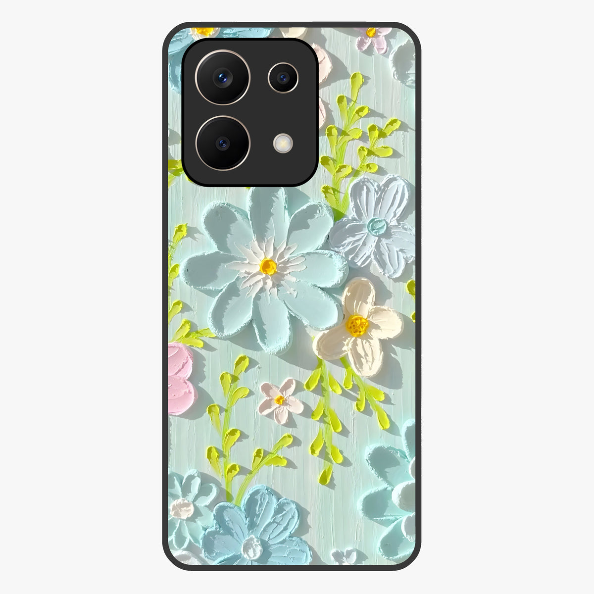 Frosted Petal Garden Glass Case showing flat back view with soft frosted floral artwork and glossy glass finish.