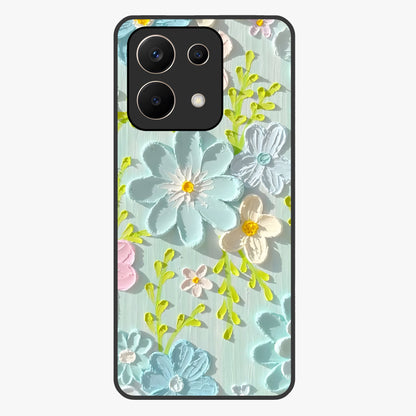 Frosted Petal Garden Glass Case showing flat back view with soft frosted floral artwork and glossy glass finish.