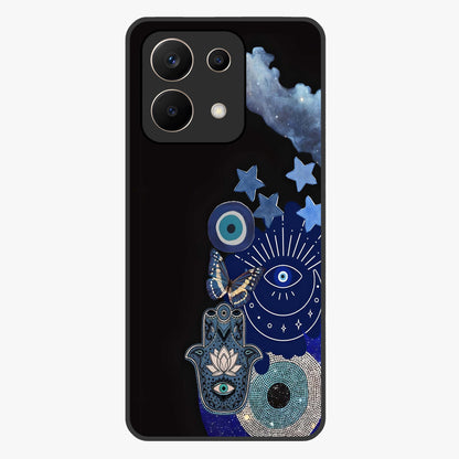 Galactic Charm Cluster Glass Case showing flat back view with glowing celestial charm artwork and glossy glass finish.