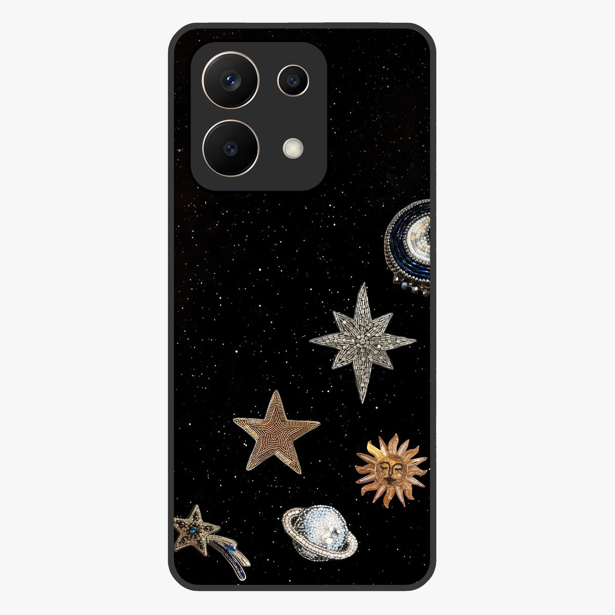Galactic Charm Glow Glass Case showing flat back view with glowing celestial charm artwork and glossy glass finish.