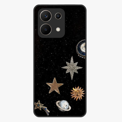Galactic Charm Glow Glass Case showing flat back view with glowing celestial charm artwork and glossy glass finish.