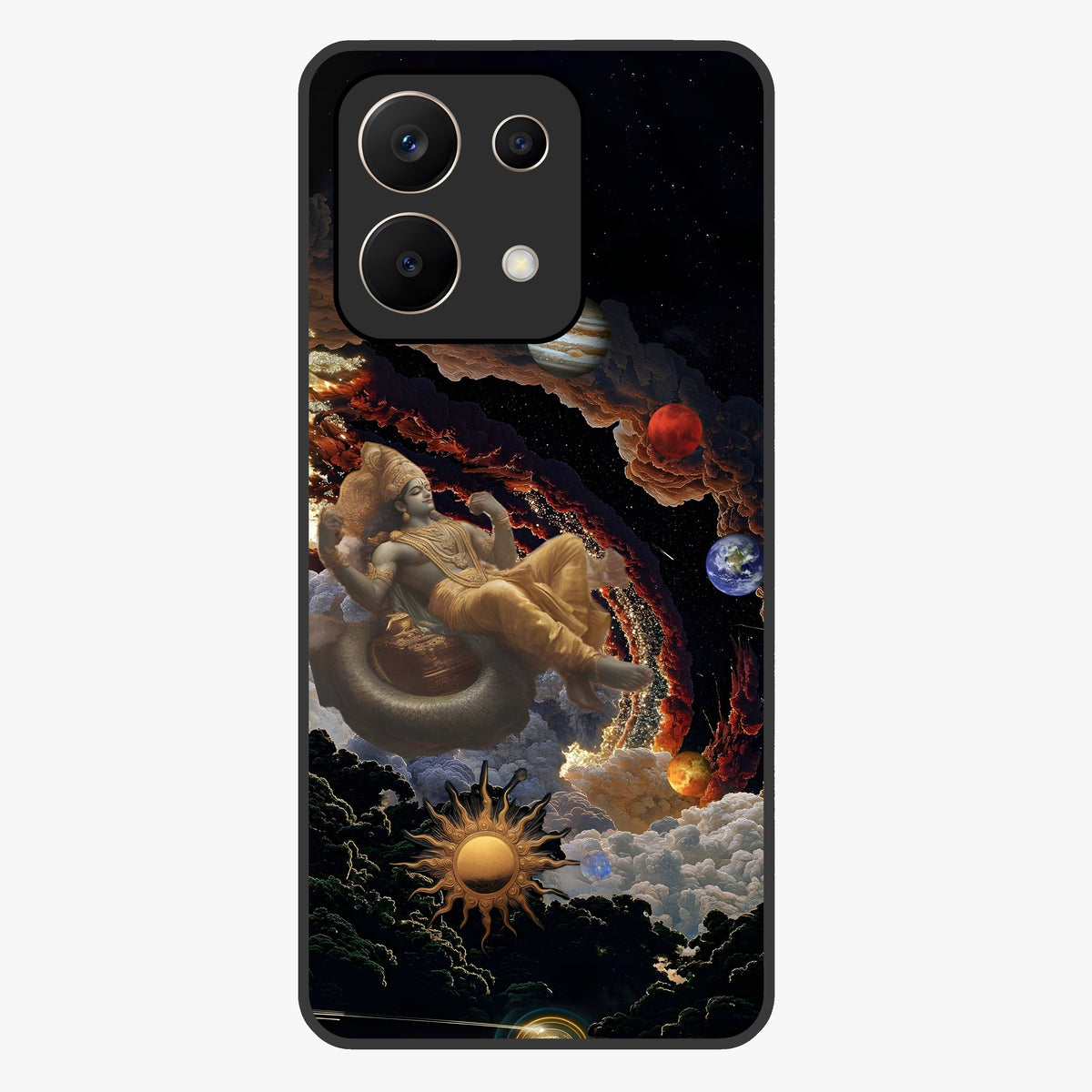 Galactic Divine God Glass Case showing flat back view with divine cosmic themed artwork and glossy glass finish.