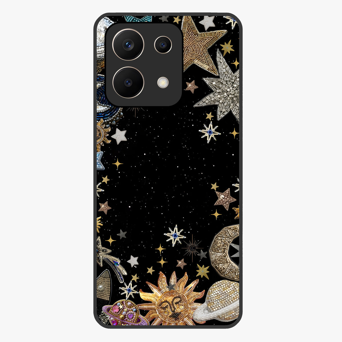 Galactic Jewel Stars Glass Case showing flat back view with sparkling star jewel artwork and glossy glass finish.