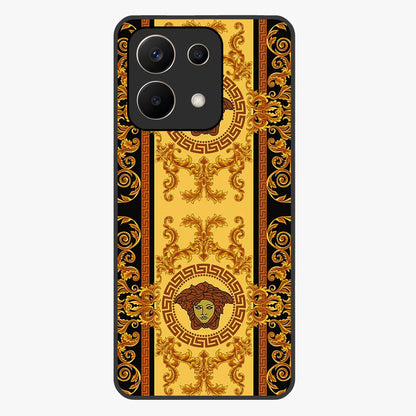 Golden Royal Heritage Glass Case showing flat back view with ornate royal pattern artwork and glossy glass finish.