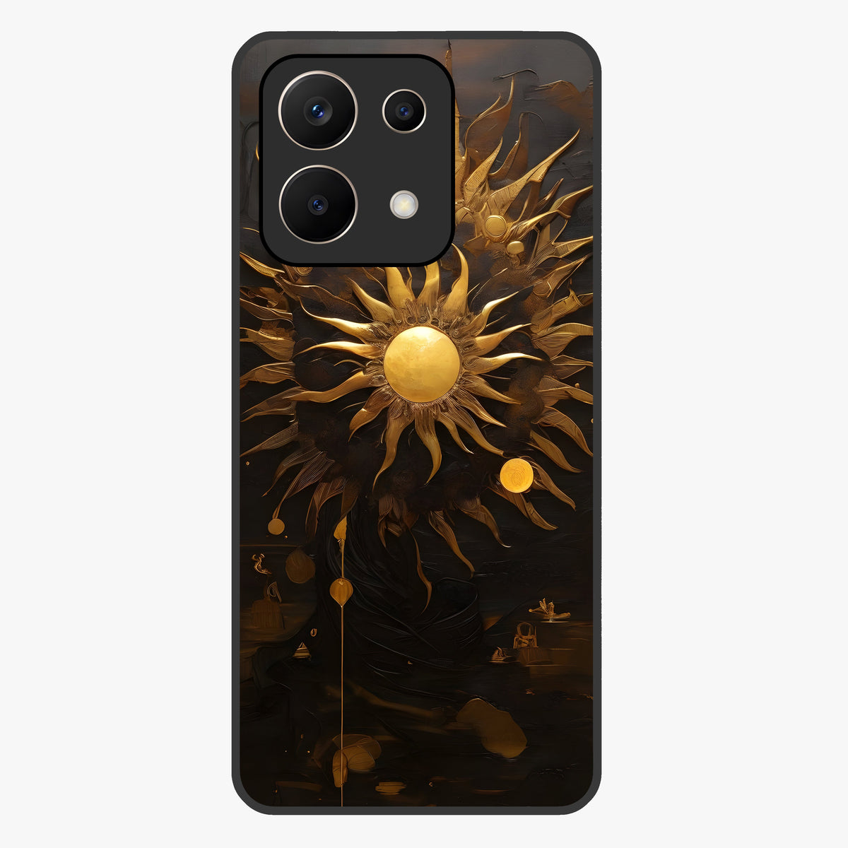 Golden Sun Majesty Glass Case showing flat back view with radiant golden sun artwork and glossy glass finish.