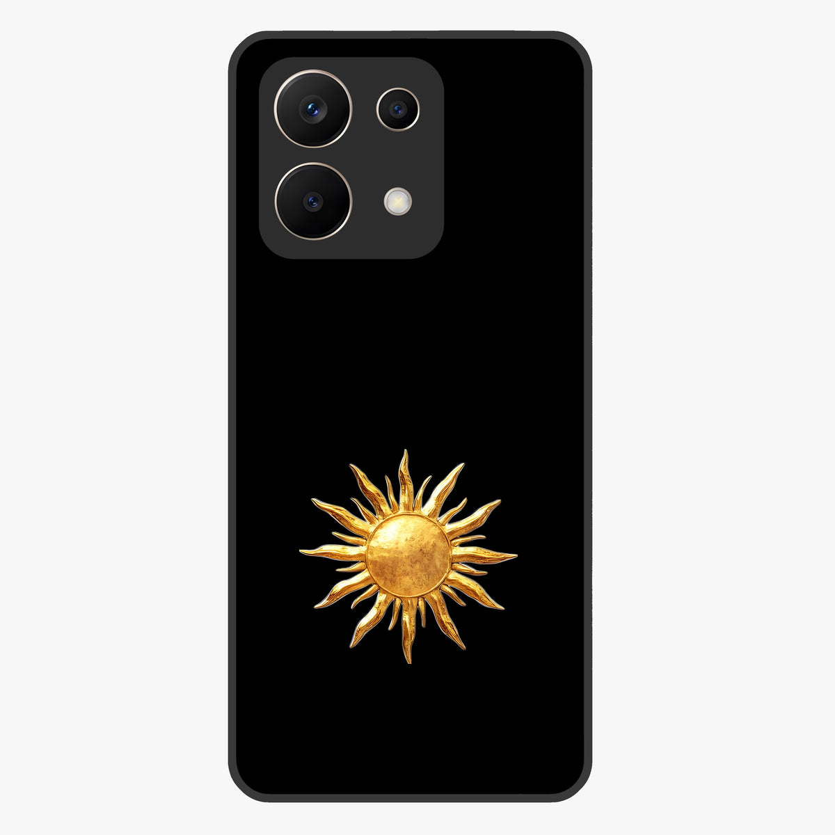 Golden Sun Minimalism Glass Case showing flat back view with minimal golden sun artwork and glossy glass finish.