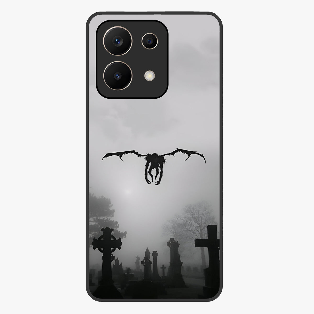 Graveyard Shadow Descent Glass Case showing flat back view with dark graveyard themed artwork and glossy glass finish.