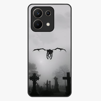 Graveyard Shadow Descent Glass Case showing flat back view with dark graveyard themed artwork and glossy glass finish.