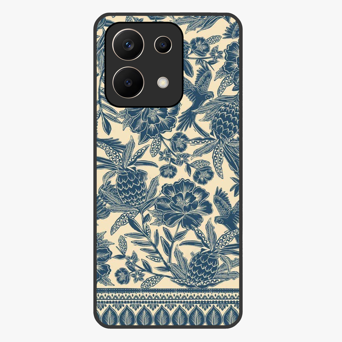 Heirloom Wild Bloom Glass Case showing flat back view with vintage inspired wild flower artwork and glossy glass finish.