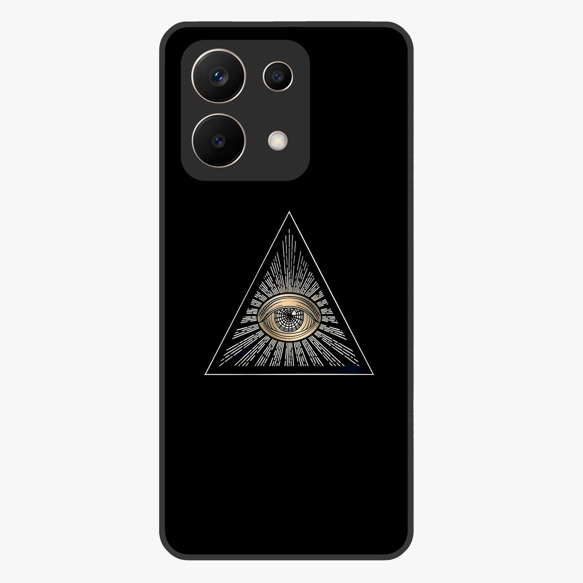 Illuminati Evil Glass Case showing flat back view with mysterious illuminati symbol artwork and glossy glass finish.