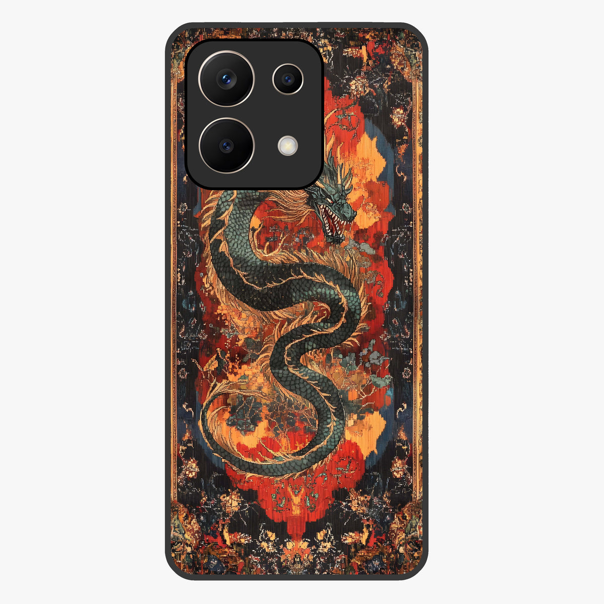 Inferno Dragon Soul Glass Case showing flat back view with fiery dragon artwork and glossy glass finish.