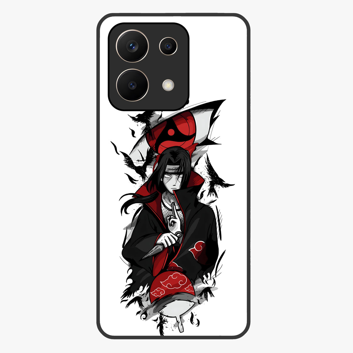 Itachi Sharingan Glass Case showing flat back view with powerful anime eye artwork and glossy glass finish.