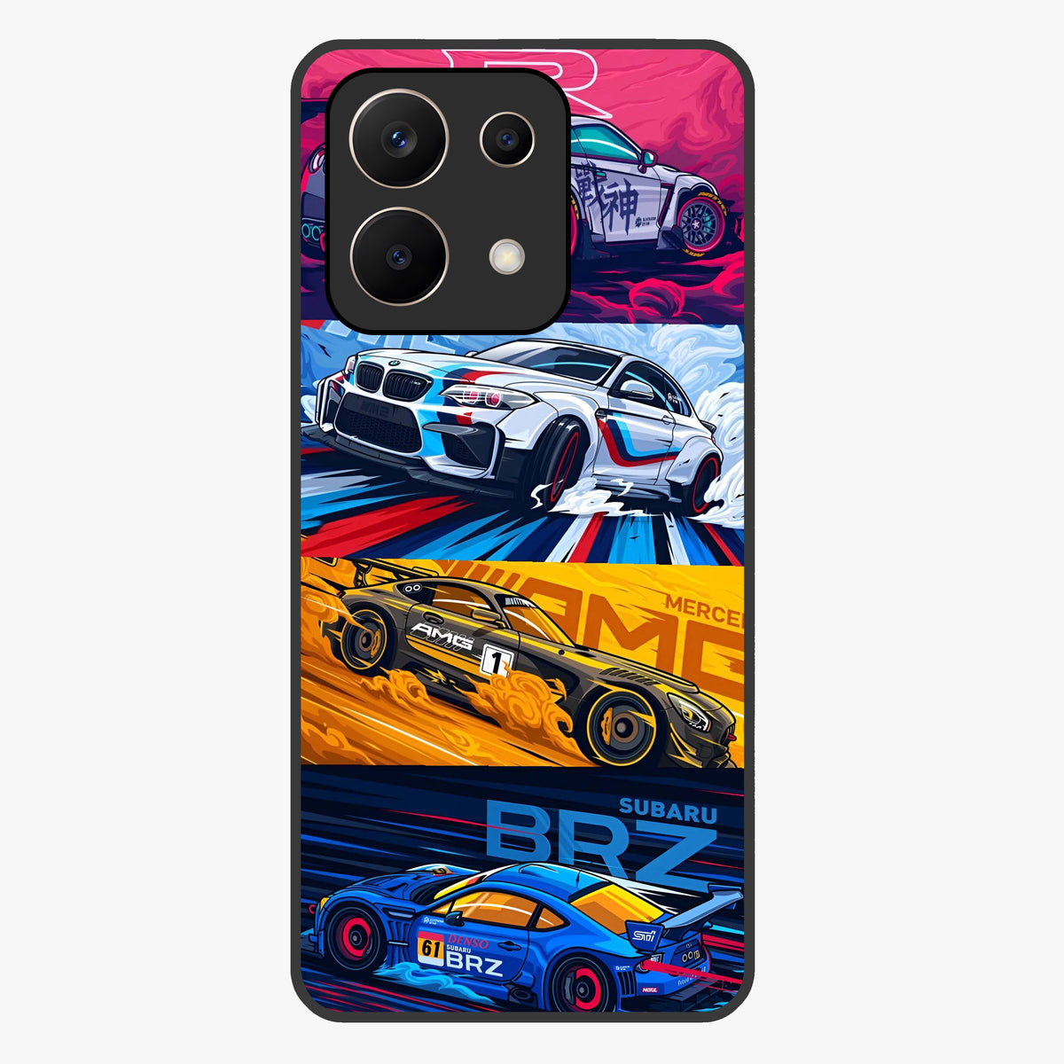 JDM Sports Car Glass Case showing flat back view with high performance sports car artwork and glossy glass finish.