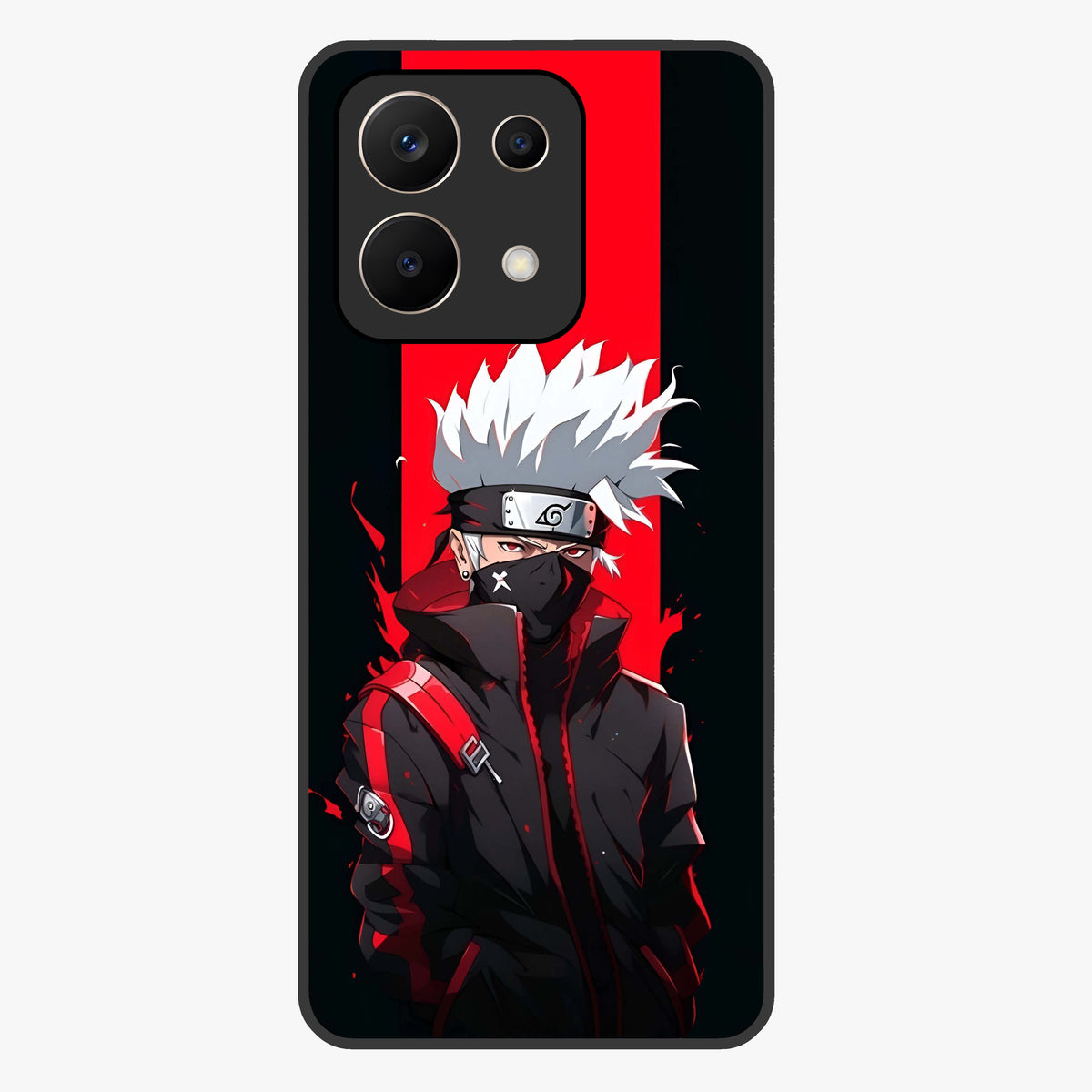 Kakashi Scarlet Shadow Glass Case showing flat back view with powerful anime ninja artwork and glossy glass finish.