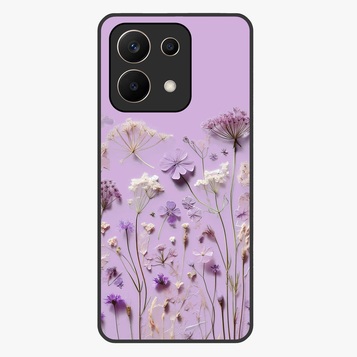 Lavender Blossom Dream Glass Case showing flat back view with soft lavender floral artwork and glossy glass finish.