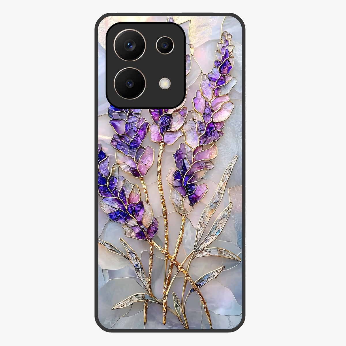 Lavender Dream Glow Glass Case showing flat back view with glowing lavender aesthetic artwork and glossy glass finish.